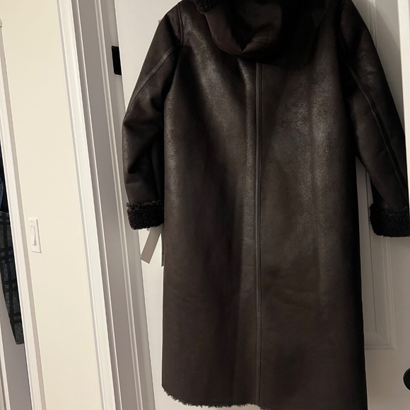 Calvin Klein brown faux leather shearling trimmed hooded coat - Picture 7 of 13